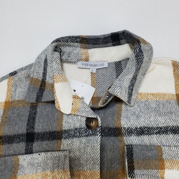 Miss Sparkling Shacket Coat Jacket Womens Large Flannel Long Plaid Tan Grey New - Picture 6 of 15